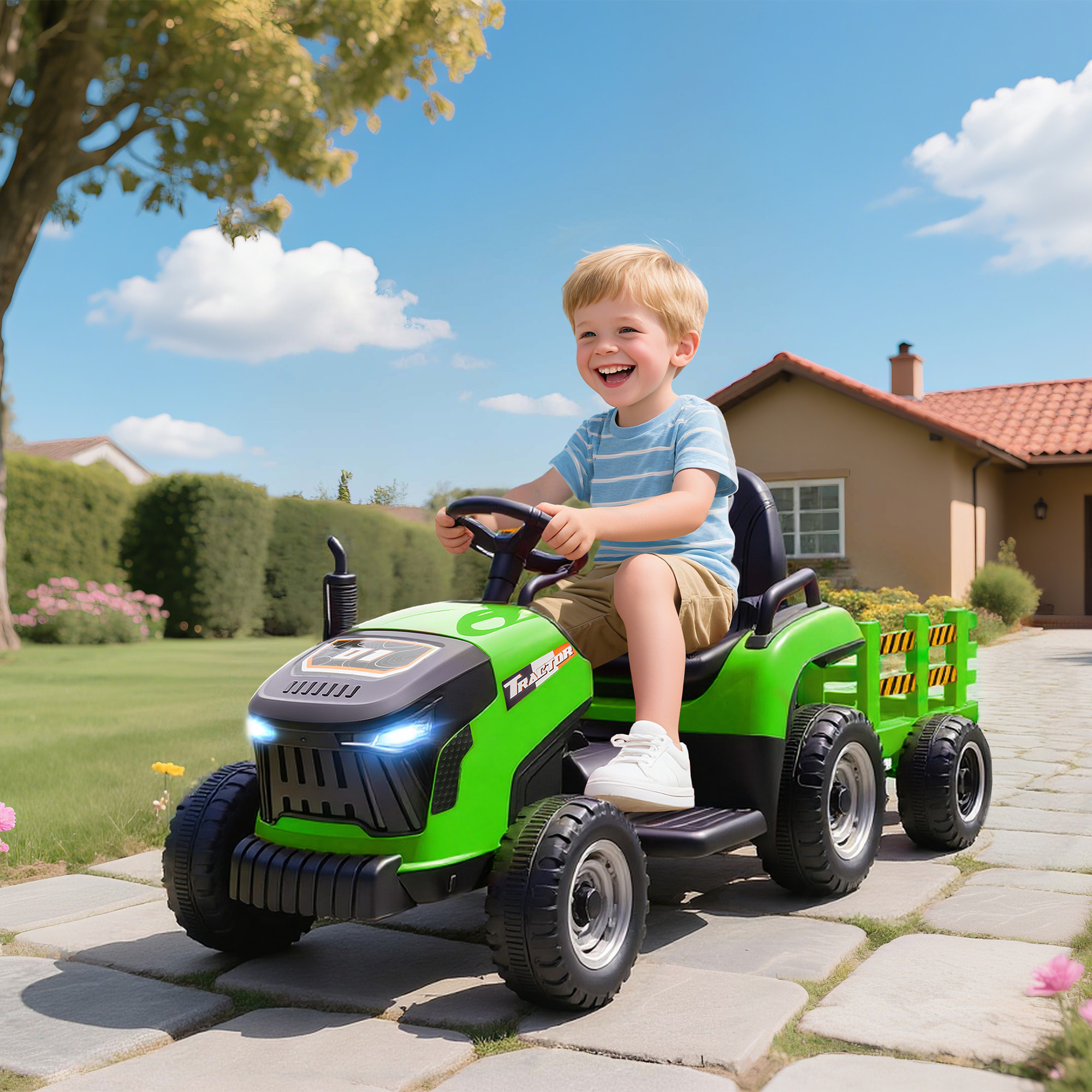 Tractor Eléctrico para Niños con Remolque Desmontable, Tractor de Juguete de Batería 12V, Velocidad 3-5 km/h, Control Remoto 2,4G, Música, Bocina, para Niños de 3-8 Años, Verde