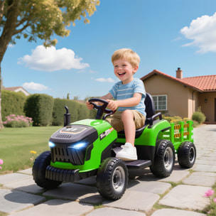Tractor Eléctrico para Niños con Remolque Desmontable, Tractor de Juguete de Batería 12V, Velocidad 3-5 km/h, Control Remoto 2,4G, Música, Bocina, para Niños de 3-8 Años, Verde