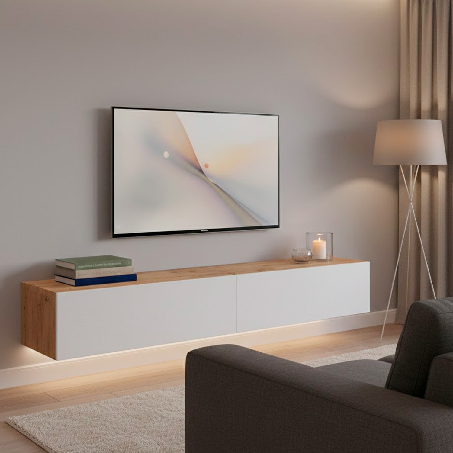 Mobile TV Sospeso Da 180 Cm Parete Attrezzata Con 2 Ante Push Porta TV Moderno In Pannelli Melaminici E1 180 x 34,5 x 28 Cm Rovere E Bianco Opaco