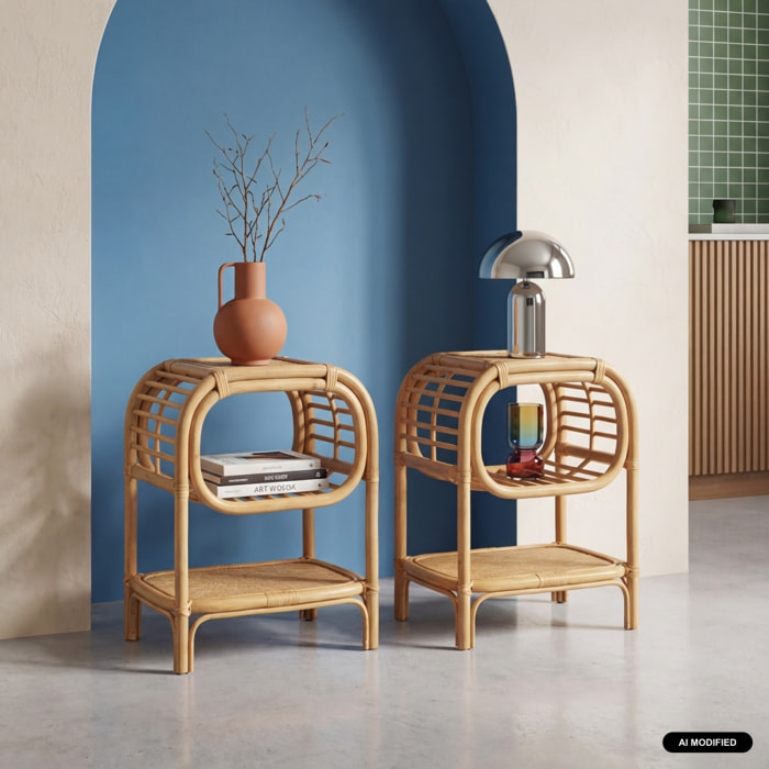 Table de chevet rotin naturel courbé 1 étagère 1 niche (lot de 2) SERANG