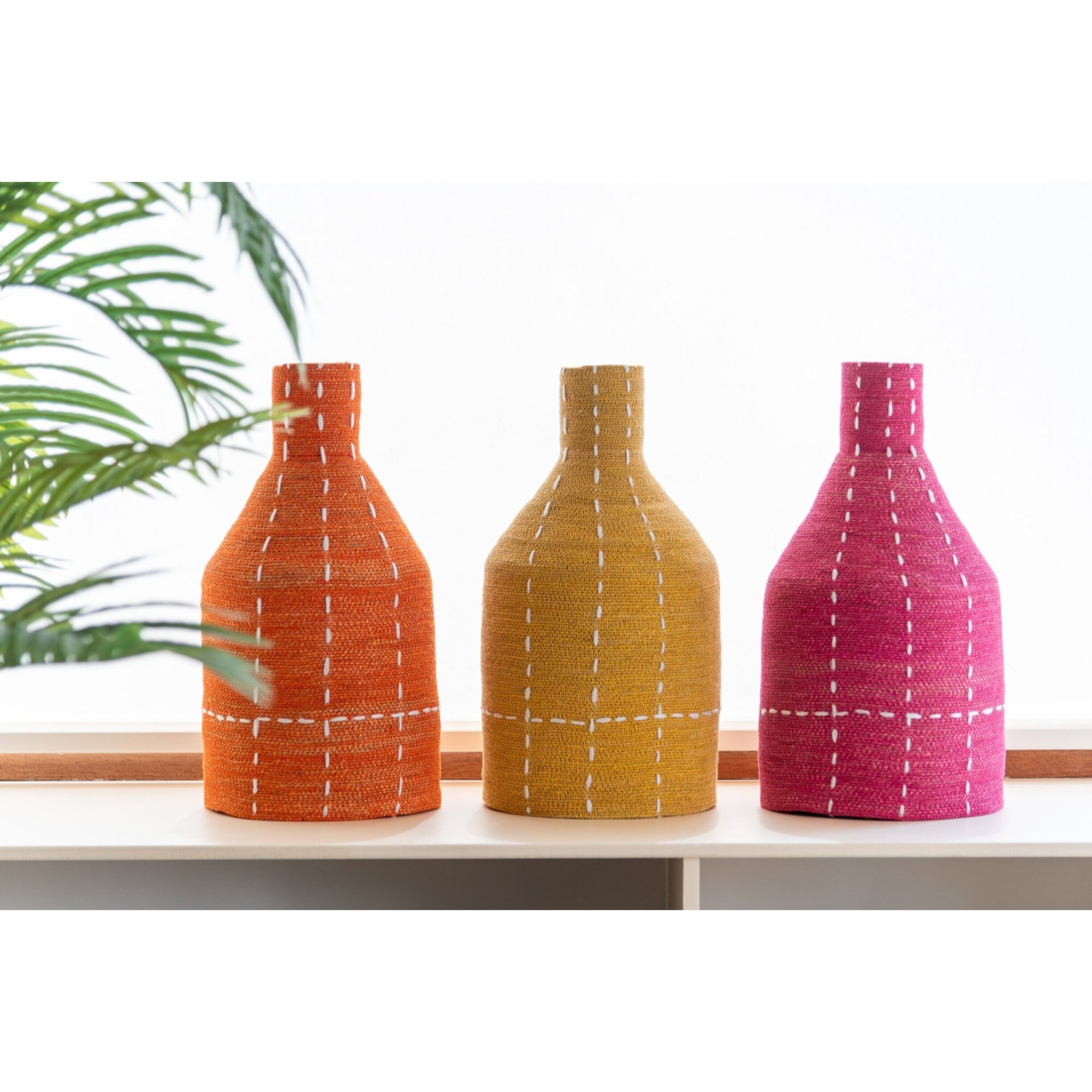 J-Line vase Bouteille Rayures Pointillés - rotin - rose/roange/jaune - 3 pièces
