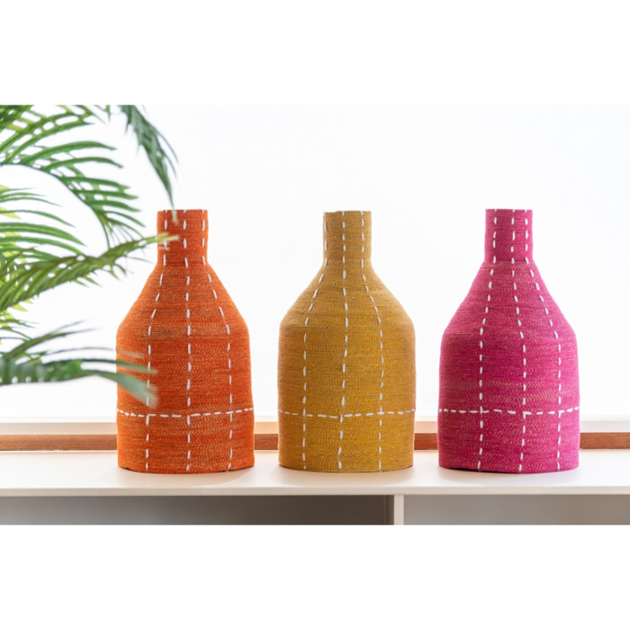 J-Line vase Bouteille Rayures Pointillés - rotin - rose/roange/jaune - 3 pièces
