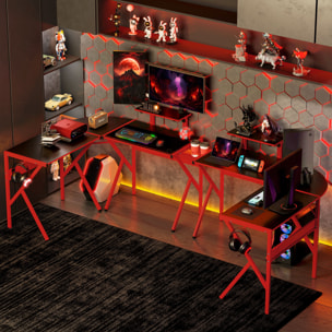 Bureau gaming d'angle bureau gamer bureau informatique bracket casque porte-gobelet étagère écran réglable métal panneaux texture carbone noir rouge