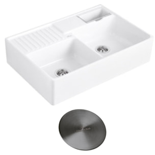 Evier timbre d'office Tradition 2 bacs 89,5 x 63 céramique vidage manuel blanc + Cache bonde anthracite