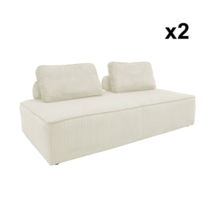 Lot de 2 chauffeuses LAO 2 places pour canapé modulable velours côtelé crème. L 180 x P 90 x H 78cm