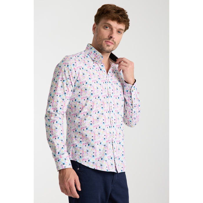 camicia uomo 1 bottone button down slim Popeline Stretch Stampato Bianco Rosa Cipria