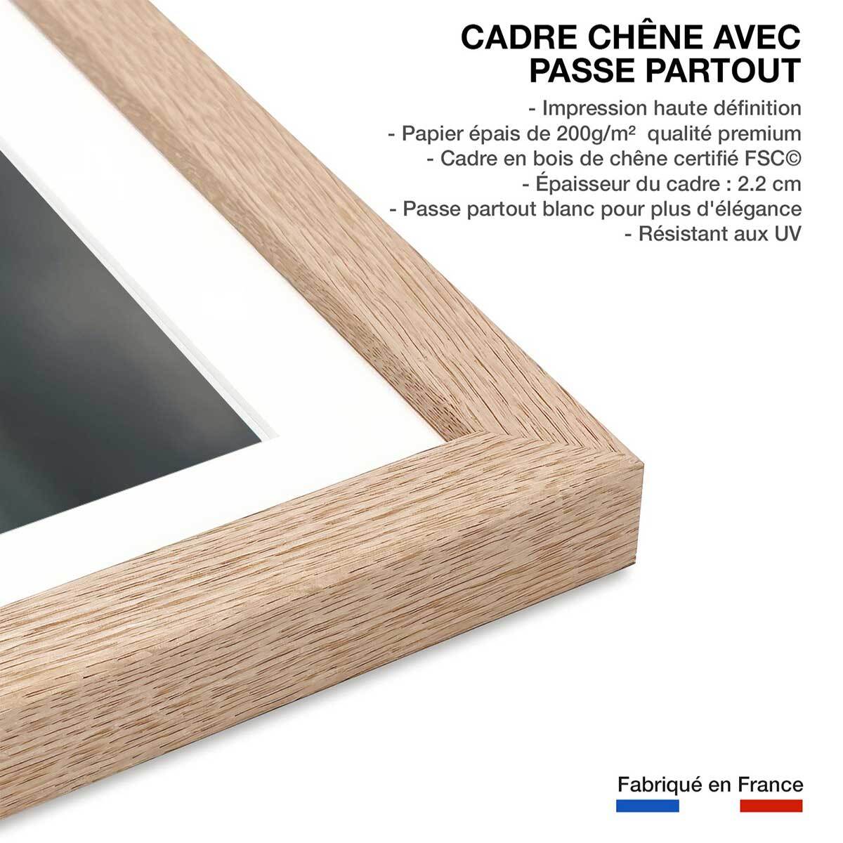 Poster parapluie bleu Affiche + cadre en bois - Chêne