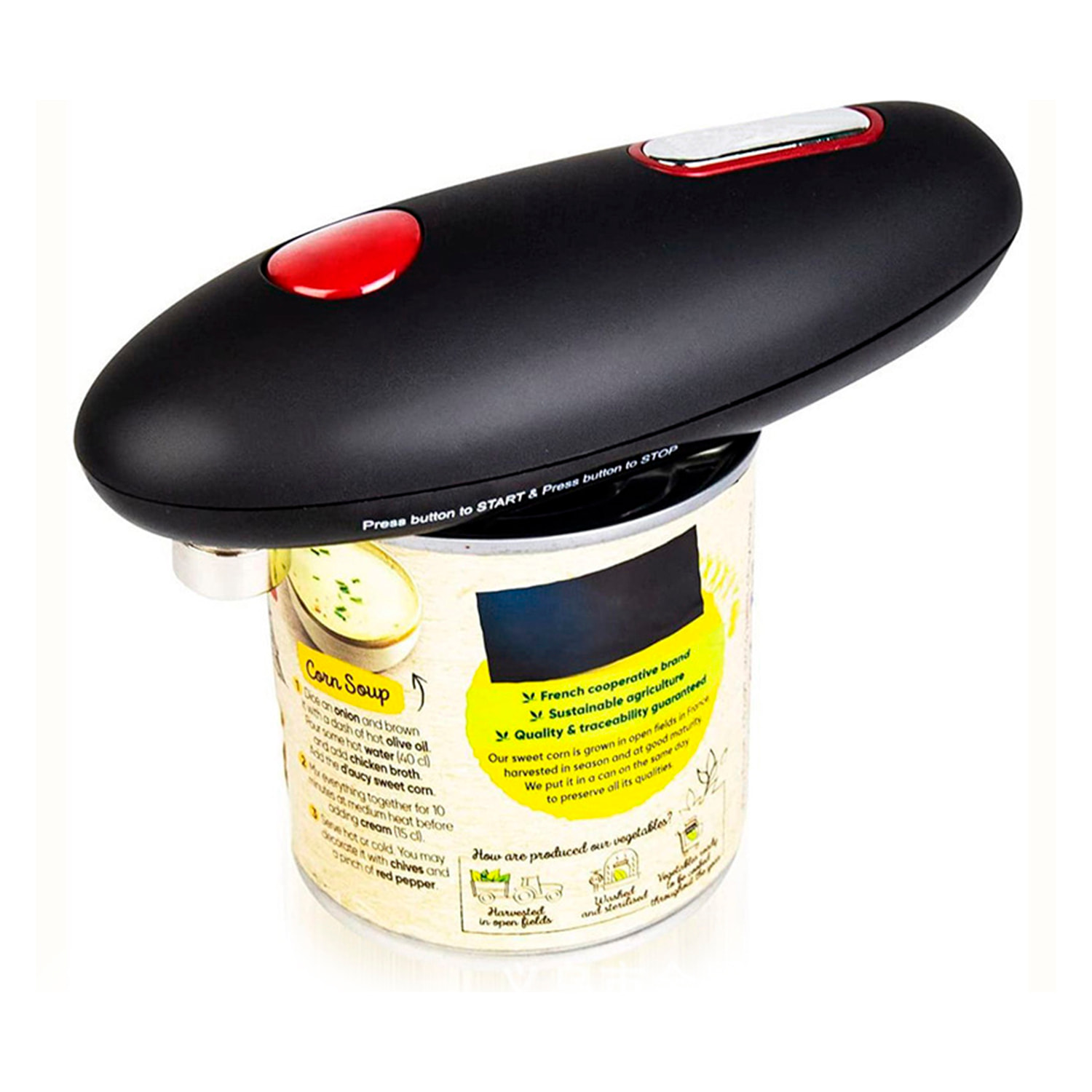 Abrelatas eléctrico automático funcionamiento de un solo botón para un uso rápido y sencillo.