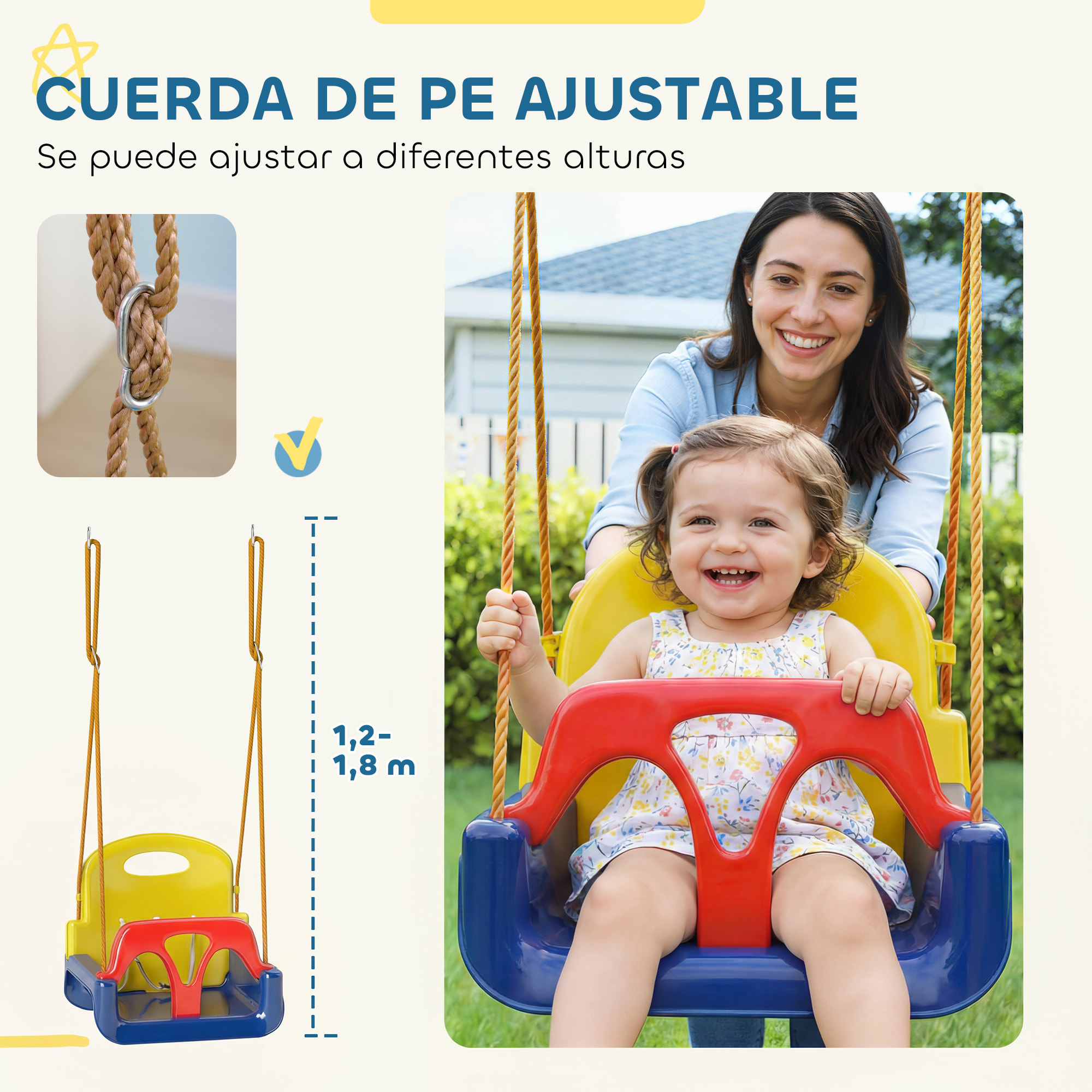 Columpio Infantil 3 en 1, Columpio para Niños, Cuerda Ajustable, con Respaldo Desmontable, Barra en T, Cinturón de Seguridad, para Interior, Exterior, Solo Asiento, Azul Oscuro