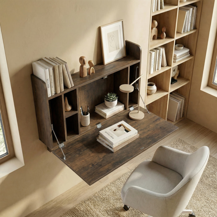 Bureau mural pliable - table murale rabattable - 5 niches, étagère - effet bois vieilli