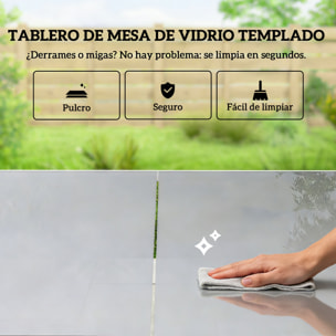 Conjunto de Mesa y Sillas Jardín de 7 Piezas, Muebles Jardín Exterior con Mesa de Vidrio Templado, 6 Sillas Transpirables Decorativas, Marco de Acero Resistente a la Intemperie, Blanco y Gris
