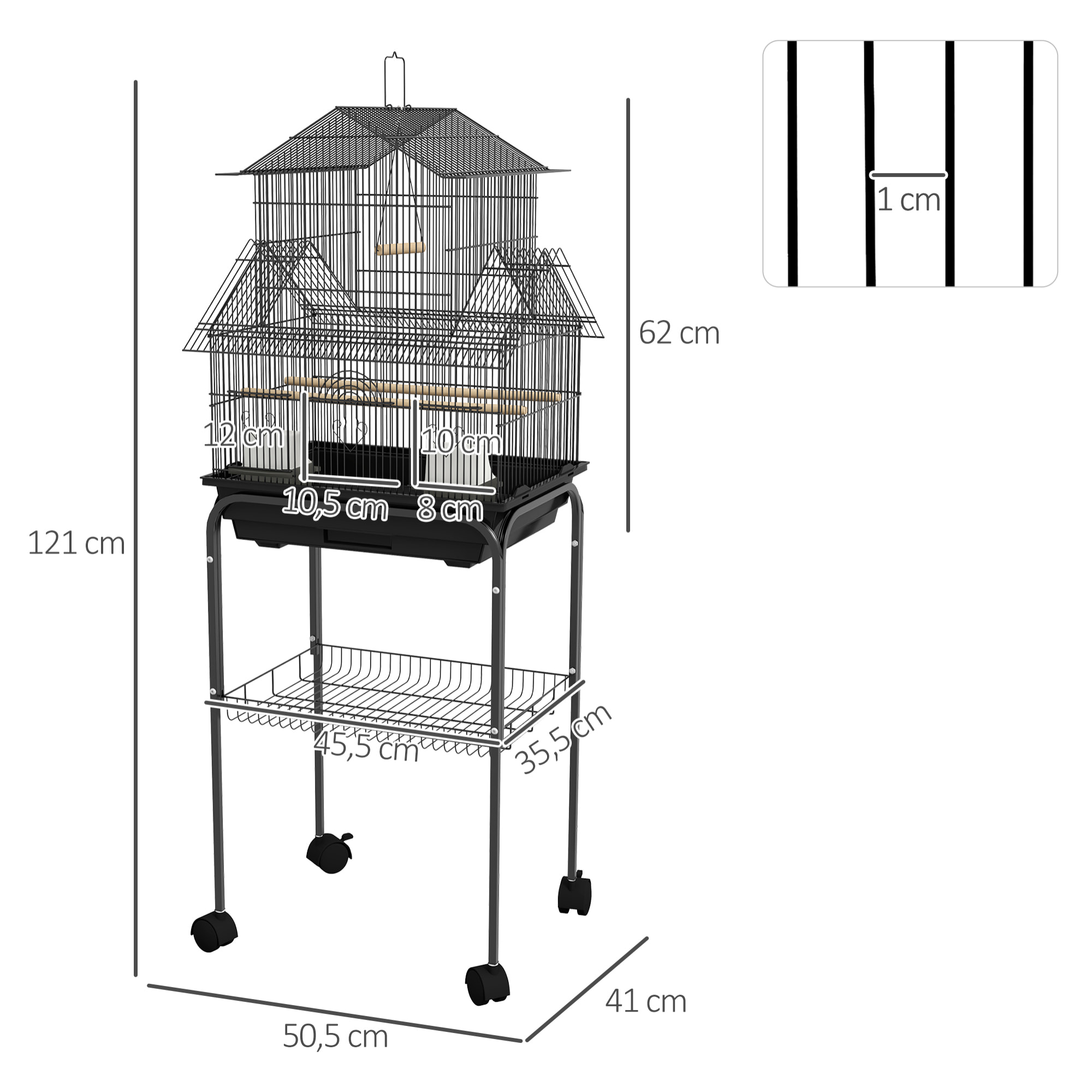 Cage à oiseaux design maison mangeoires perchoirs 3 portes plateau excrément amovible noir