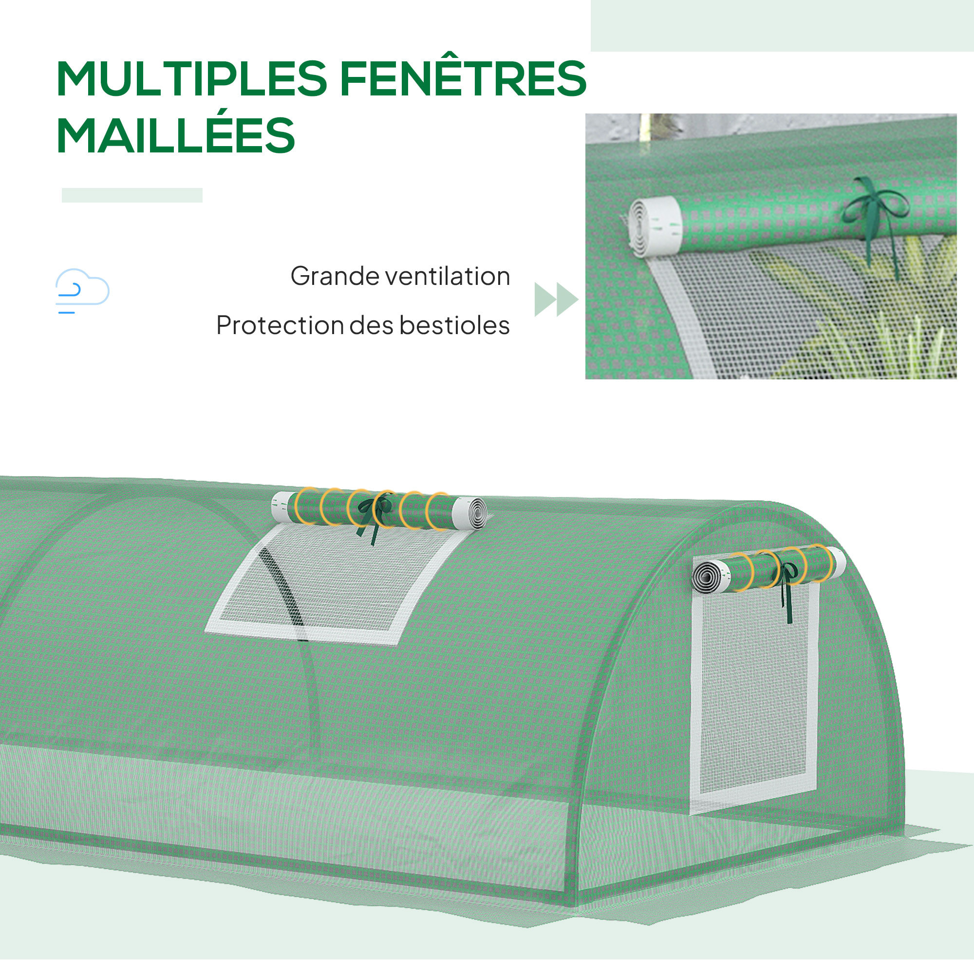 Mini serre tunnel de jardin 4 fenêtres enroulables acier PE vert