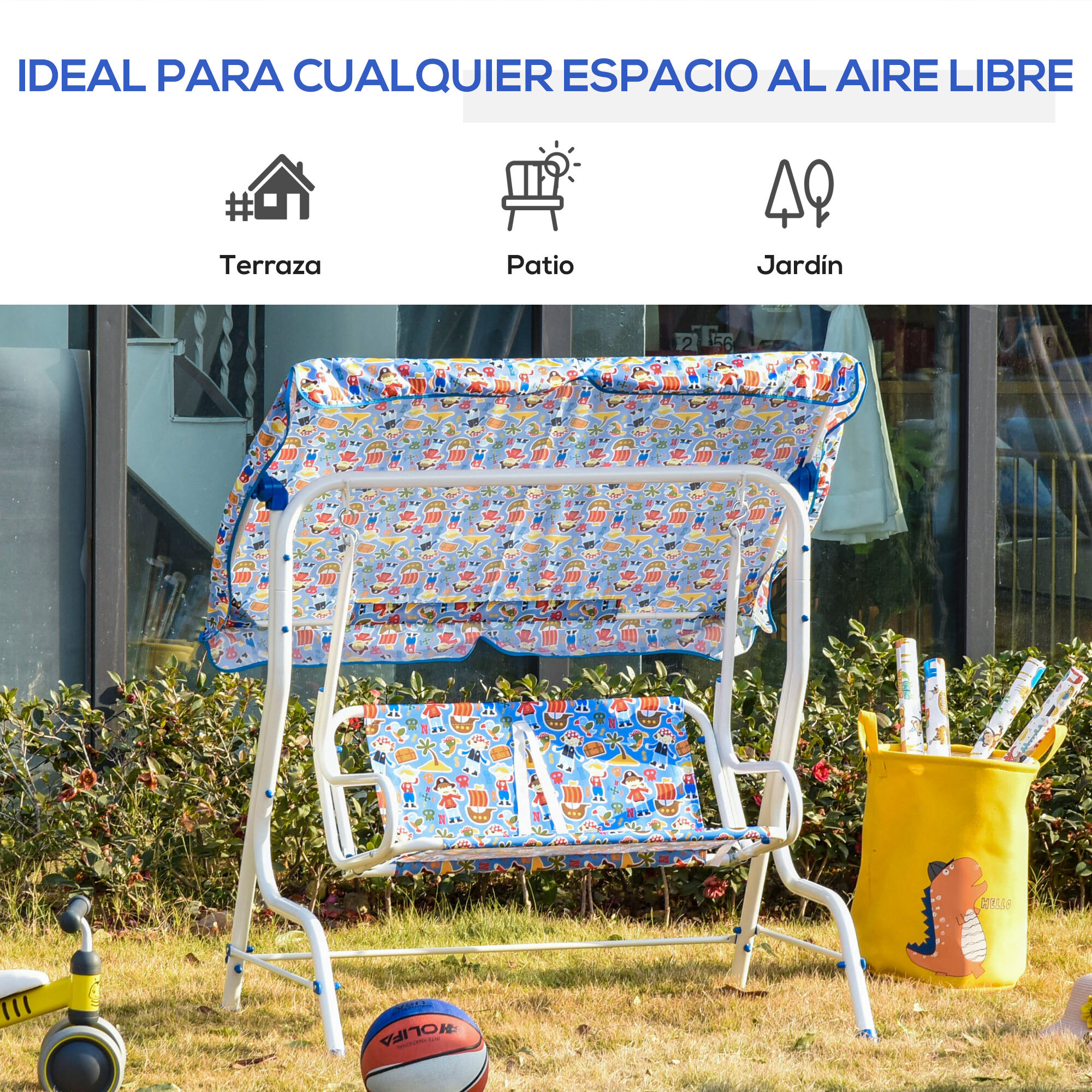 Balancín de Niños para Jardín de 2 Plazas +3 Años con Toldo Ajustable Azul