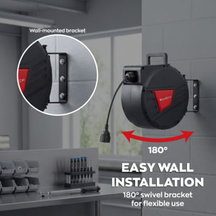 Denki 15 - Avvolgicavo Elettrico Automatico da Parete 15 m per esterno interno 250V Attacco Shuko in Polypropylene Nero