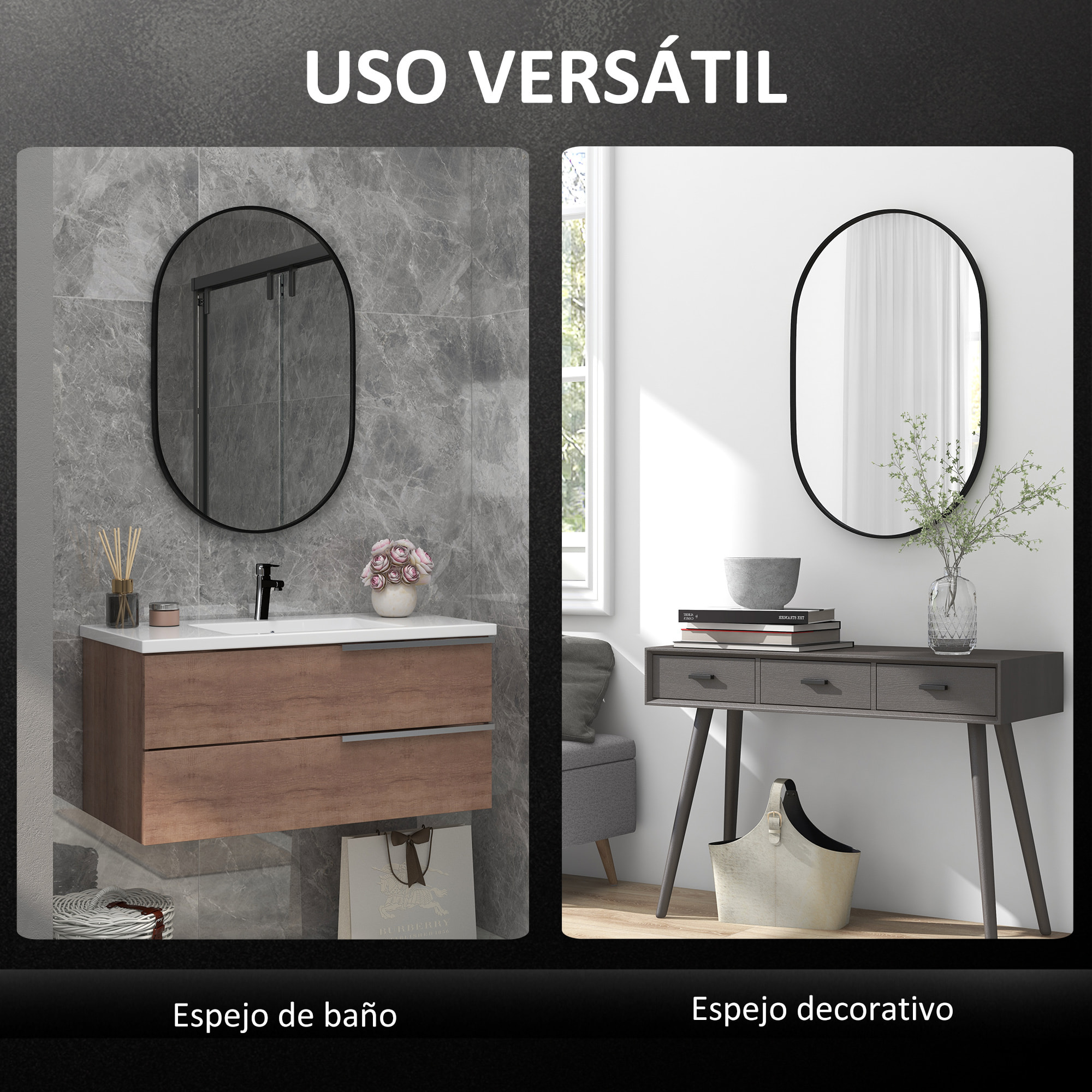 Espejo de Baño Ovalado Espejo Decorativo de Pared con Marco de Aluminio para Salón Entrada Pasillo Horizontal o Vertical Negro