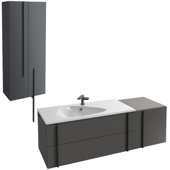 Meuble vasque 145 cm Nouvelle Vague gris brillant + tiroir rack + colonne 2 portes