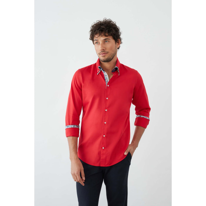 Camicia Uomo 2 Bottoni Button Down 7bottoni Doppio Coll Satin Unito Rosso