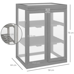 Mini serre de jardin 3 niveaux dim. 58L x 44l x 78H cm double porte toit ouvrant bois sapin lasuré peint gris polycarbonate