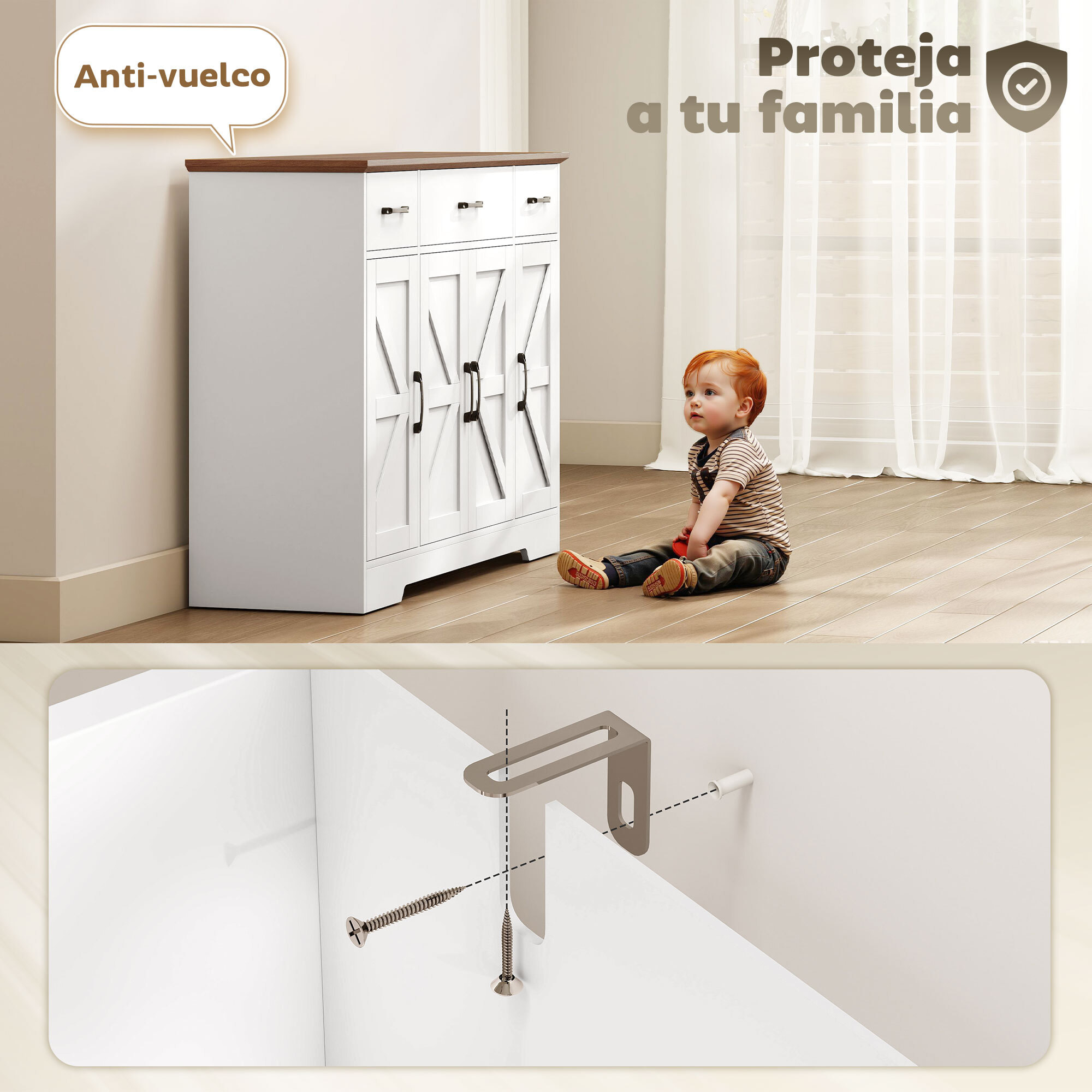 Aparador de Cocina Rústico, Armario de Cocina con 4 Estantes de Puerta, 3 Cajones, Estantes Ajustables, Puerta con Cierre Suave, Mueble de TV para 48-55 Pulgadas, 120x38x87 cm, Blanco y Nogal