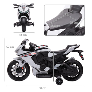 Moto Eléctrica con Licencia HONDA para Niños de 3-5 Años Moto a Batería 6V con Faro Bocina Música y Ruedas Auxiliares Extraíbles Carga 30 kg 90x44x52 cm Blanco