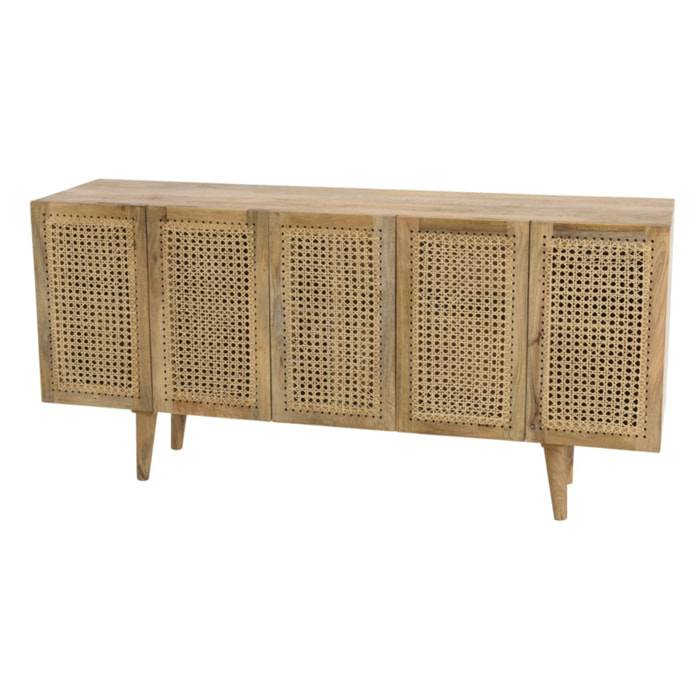 ISA - Buffet marron 5 portes bois de manguier et cannage couleur naturelle