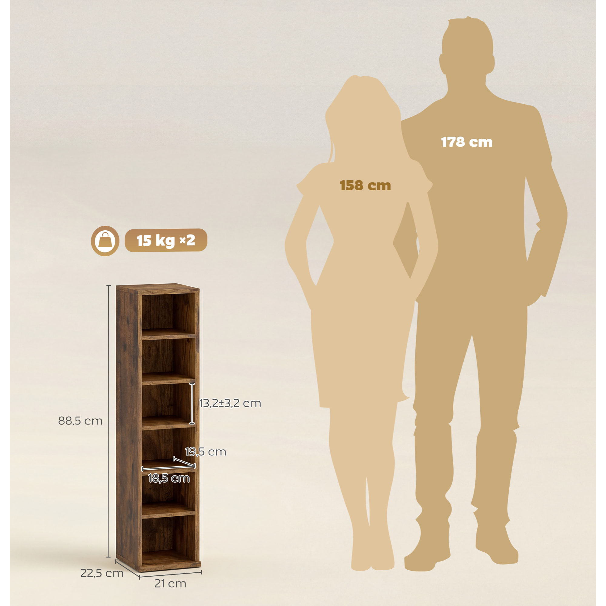 Set de 2 Estanterías para CDs y DVDs, Soportes para CD Estrechos con 12 Compartimentos, Estantes Ajustables, Estanterías para Salón, Oficina, 21x22,5x88,5 cm, Marrón Rústico