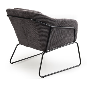 AGATHE - Fauteuil tissu velours cotelé gris anthracite pieds évasés métal
