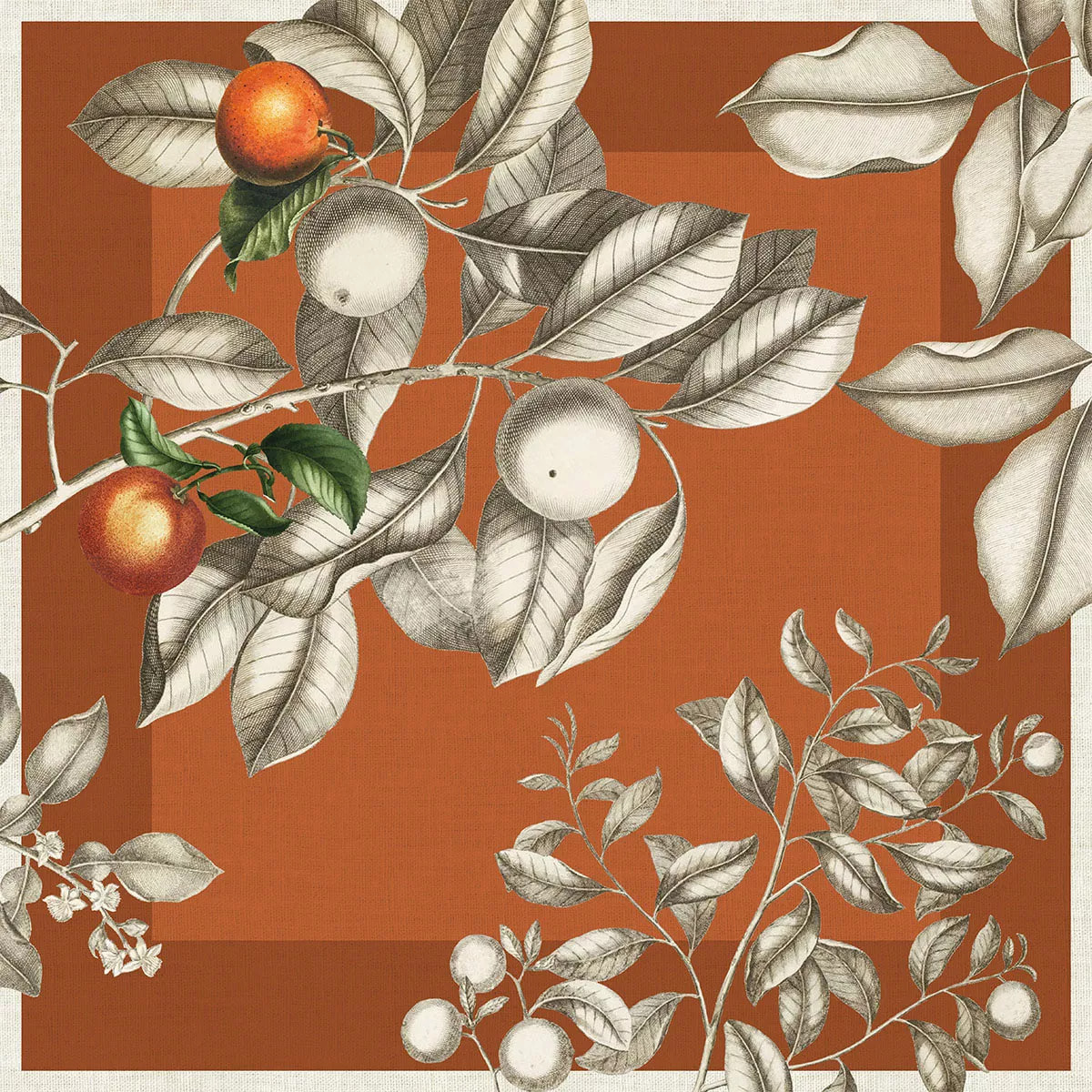 Serviette lin & coton lavé 190 g/m² imprimé beige orange Mandarines rouille