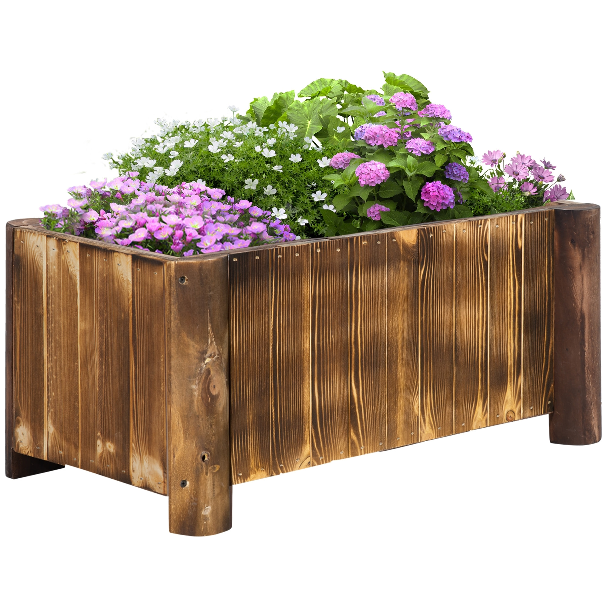 Jardinière sur pied bac à fleurs dim. 70L x 35l x 30H cm piètement demi rondin corps aspect lattes bois sapin traité carbonisation