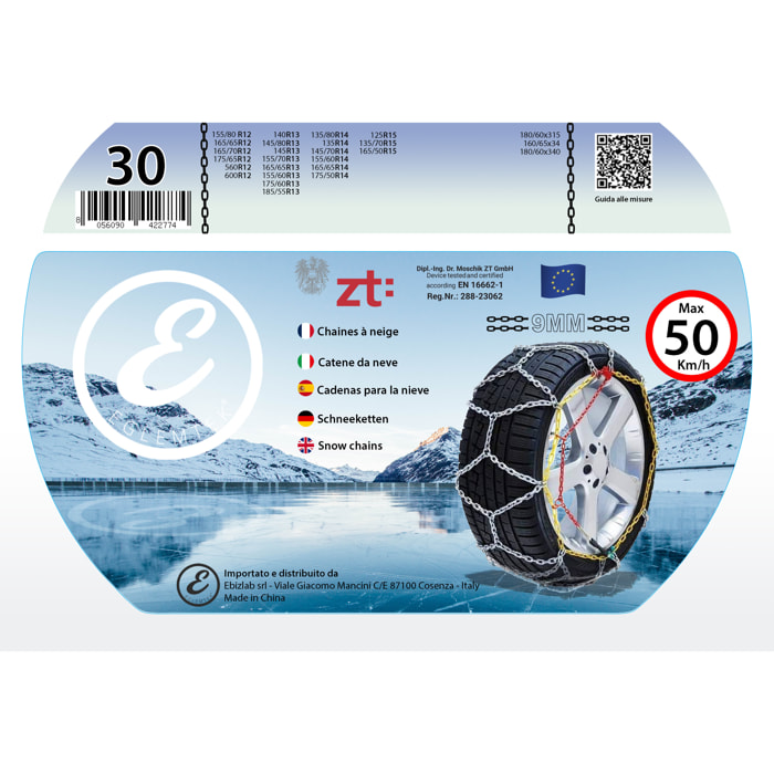 Catene da Neve in Metallo 9 mm Omologate TÜV e GS Onorm - Montaggio Rapido con Tensionatore Autobloccante per Auto, SUV e Furgoni (Misura 30)