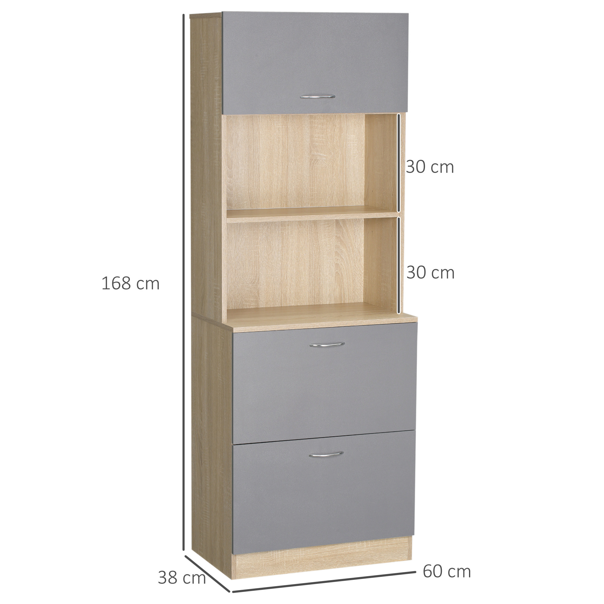 Buffet haut - armoire de cuisine - 2 tiroirs coulissants, placard haut porte relevable, niche, plateau - aspect bois clair gris