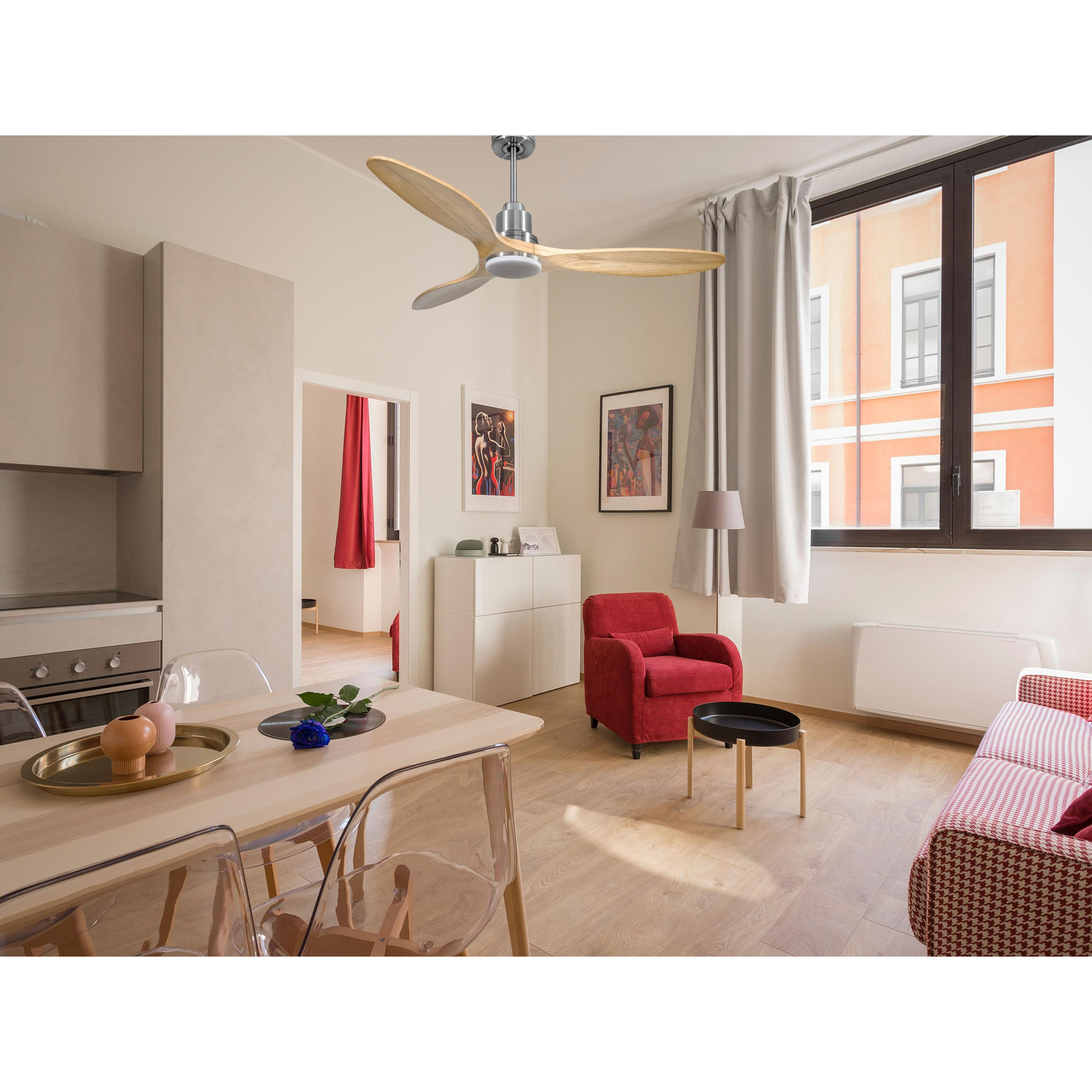 Ventilateur de plafond Réversible  Thermostat Dimmable Wifi Moteur à courant continu Toits en pente Télécommande Lumière à trois tons Hypersilence Mémoire