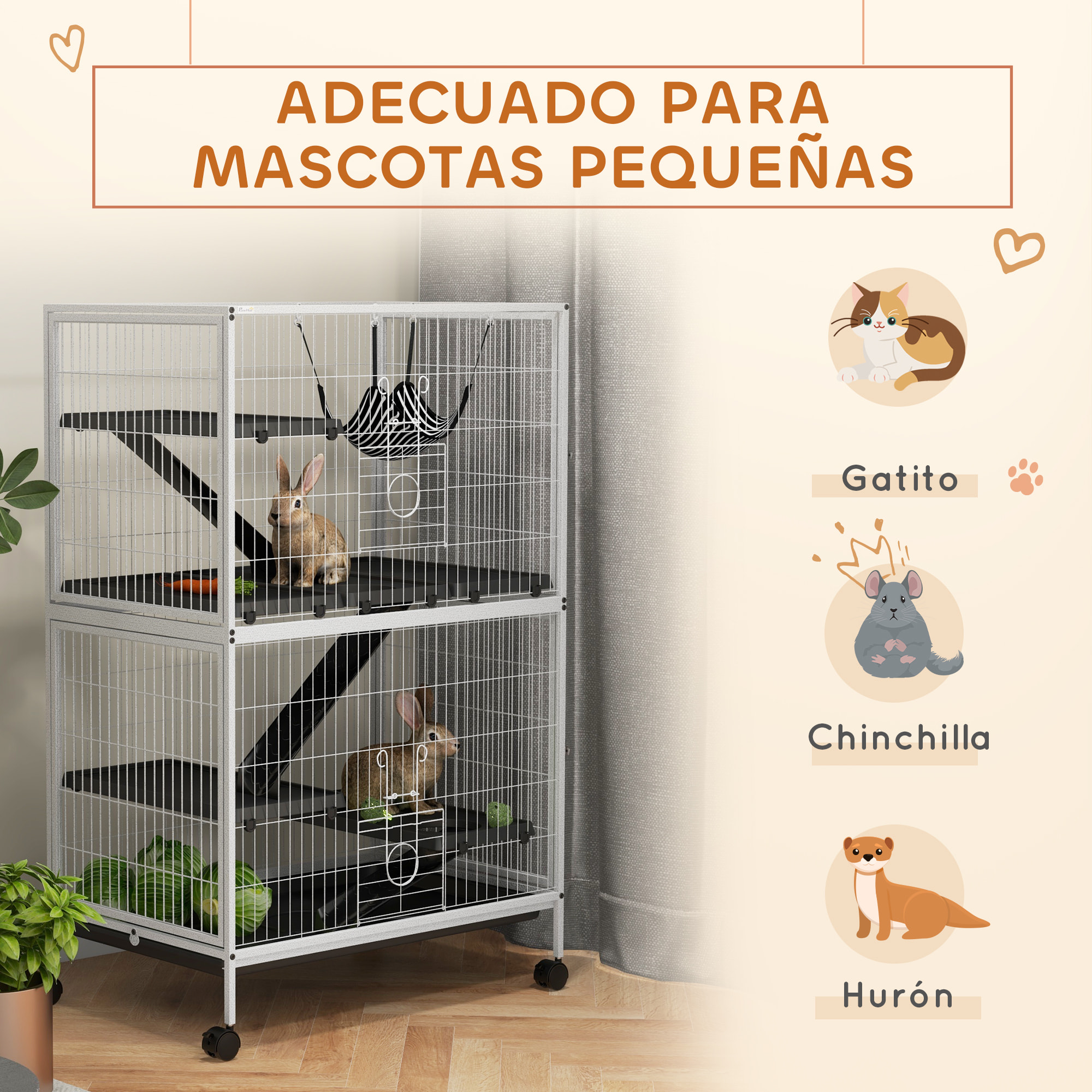Jaula para Animales Pequeños de 4 Niveles Jaula para Roedores con Ruedas Rampas Hamaca Colgante y Bandeja Extraíble Recinto para Conejos Chinchillas Hurones 80x52x128 cm Blanco