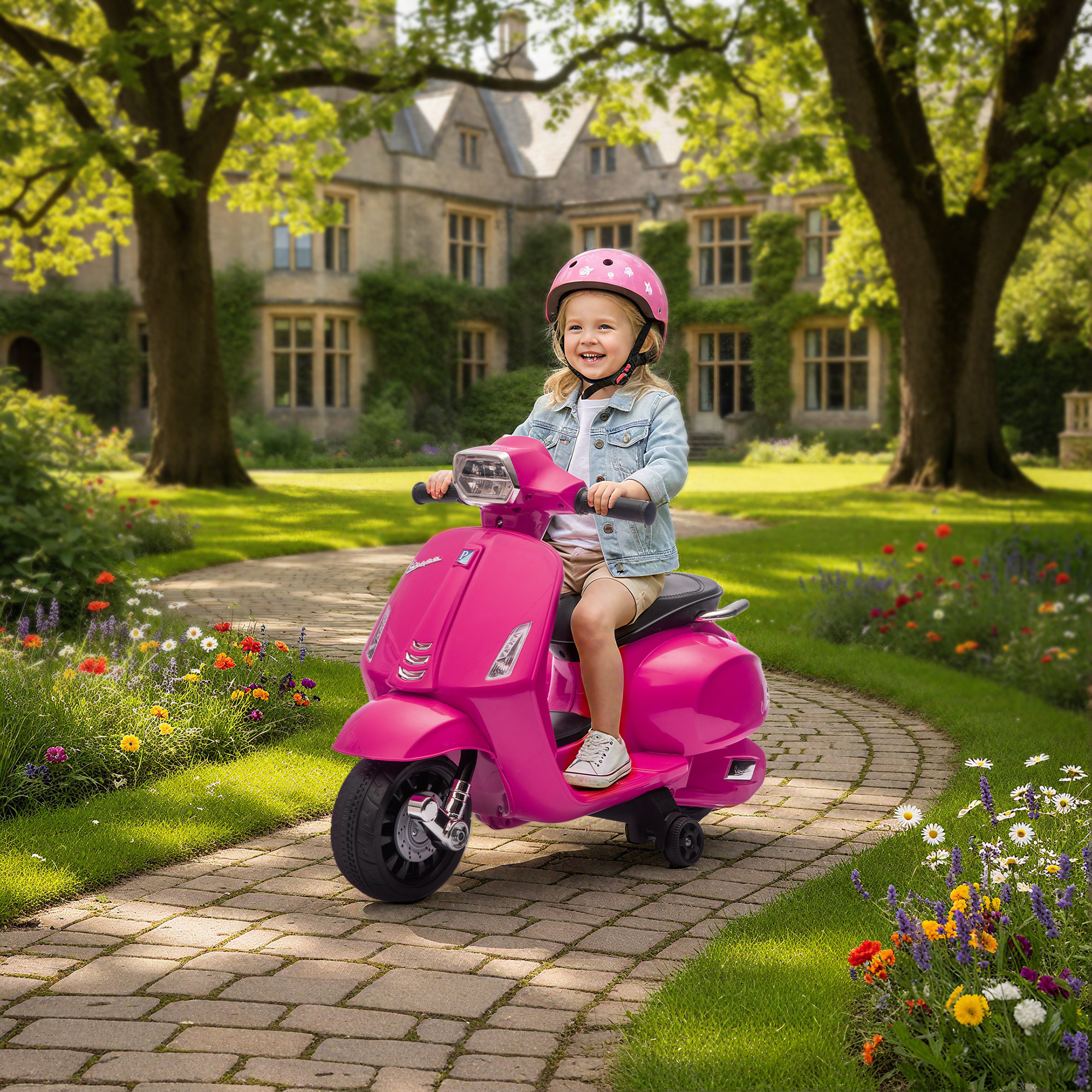 Moto Eléctrica para Niños 6V con Licencia Vespa, Moto Eléctrica Infantil con Ruedas Auxiliares de 6,9'', Velocidad de 2,5km/h, Faro y Bocina, para Niños de 2-6 Años, Rosa