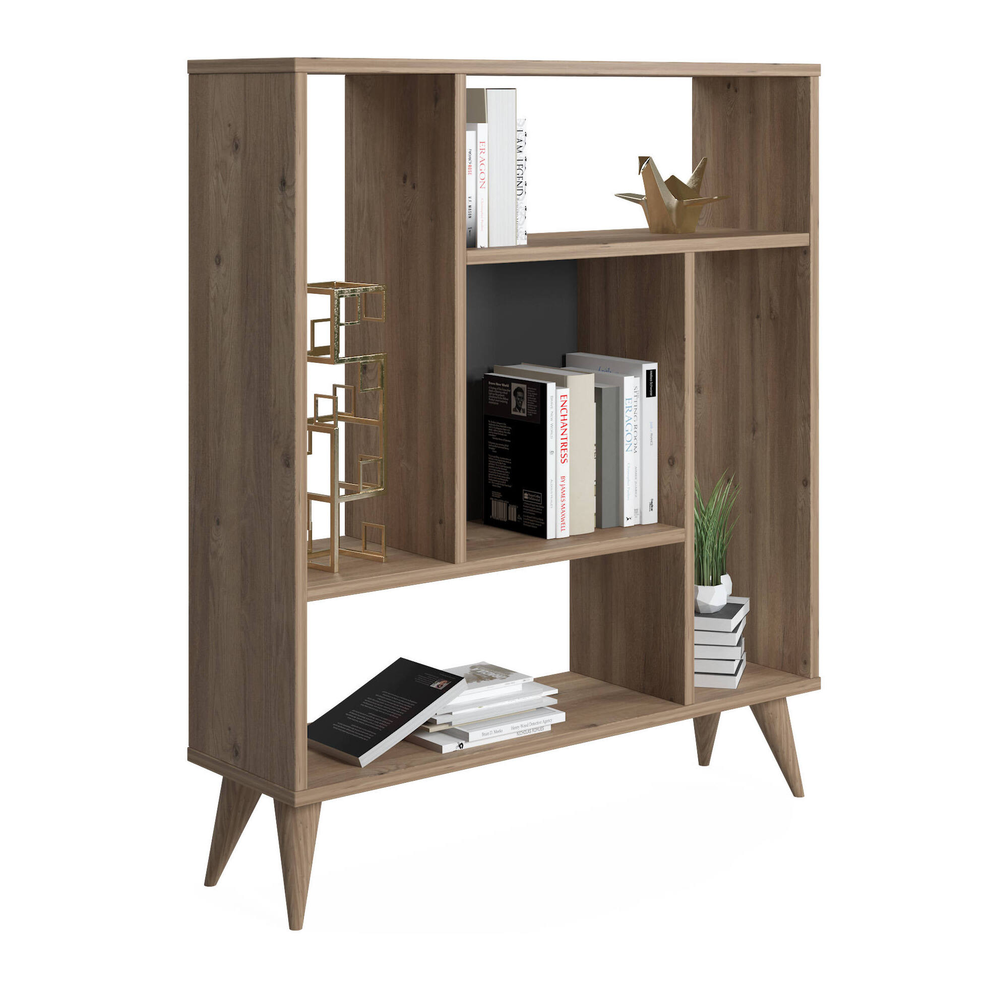 Libreria con cinque scomparti, cm 90 x 25 x 105, colore quercia