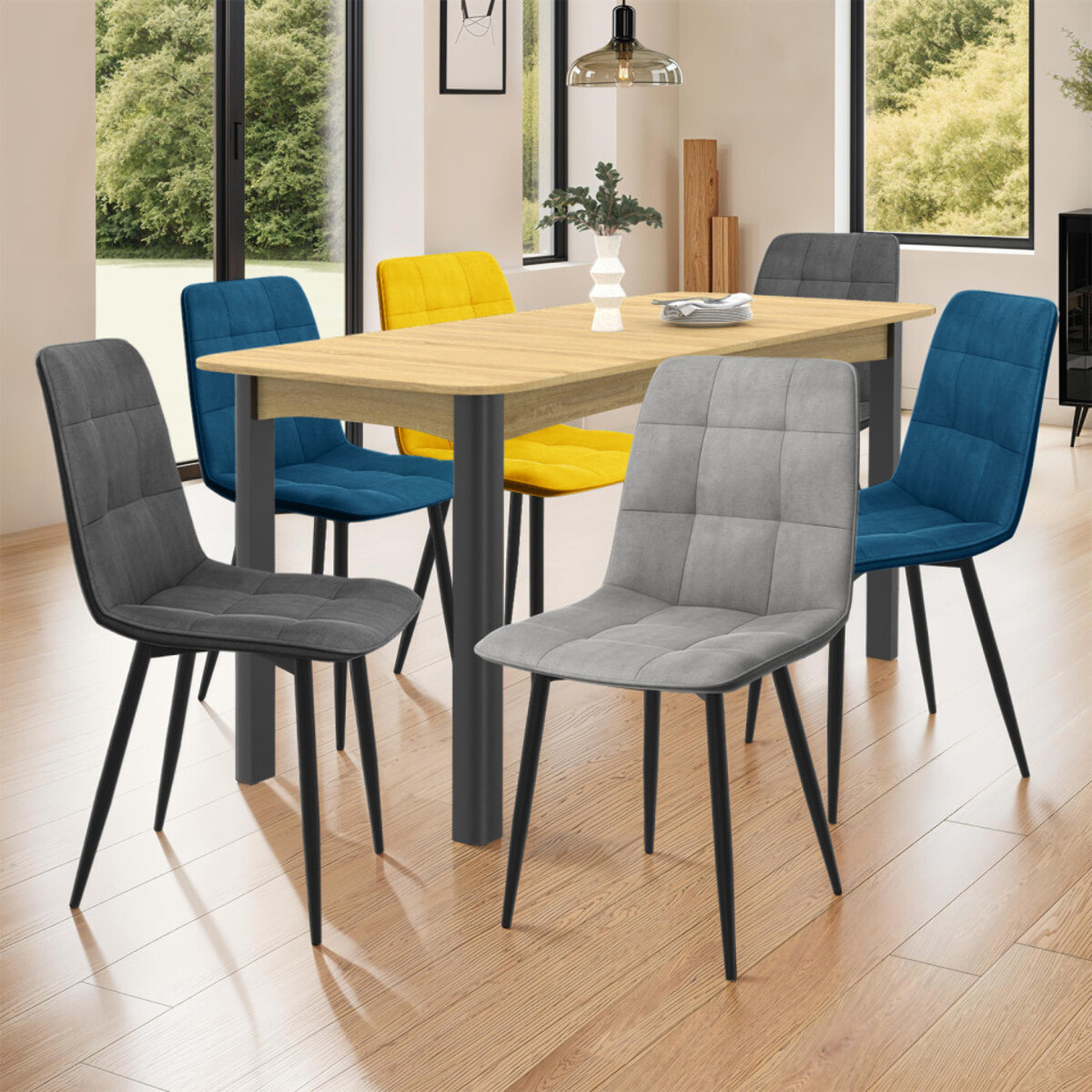 Chaises Linda en velours et pieds métal noirs - Mix color - Gris clair, gris foncé, jaune, bleu