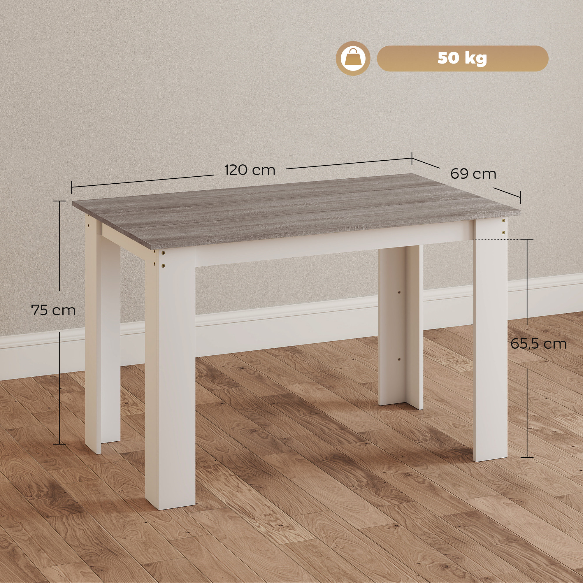 Table à manger grand plateau 4-6 personnes - dim. 120L x 69l x 75H cm - aspect bois gris blanc
