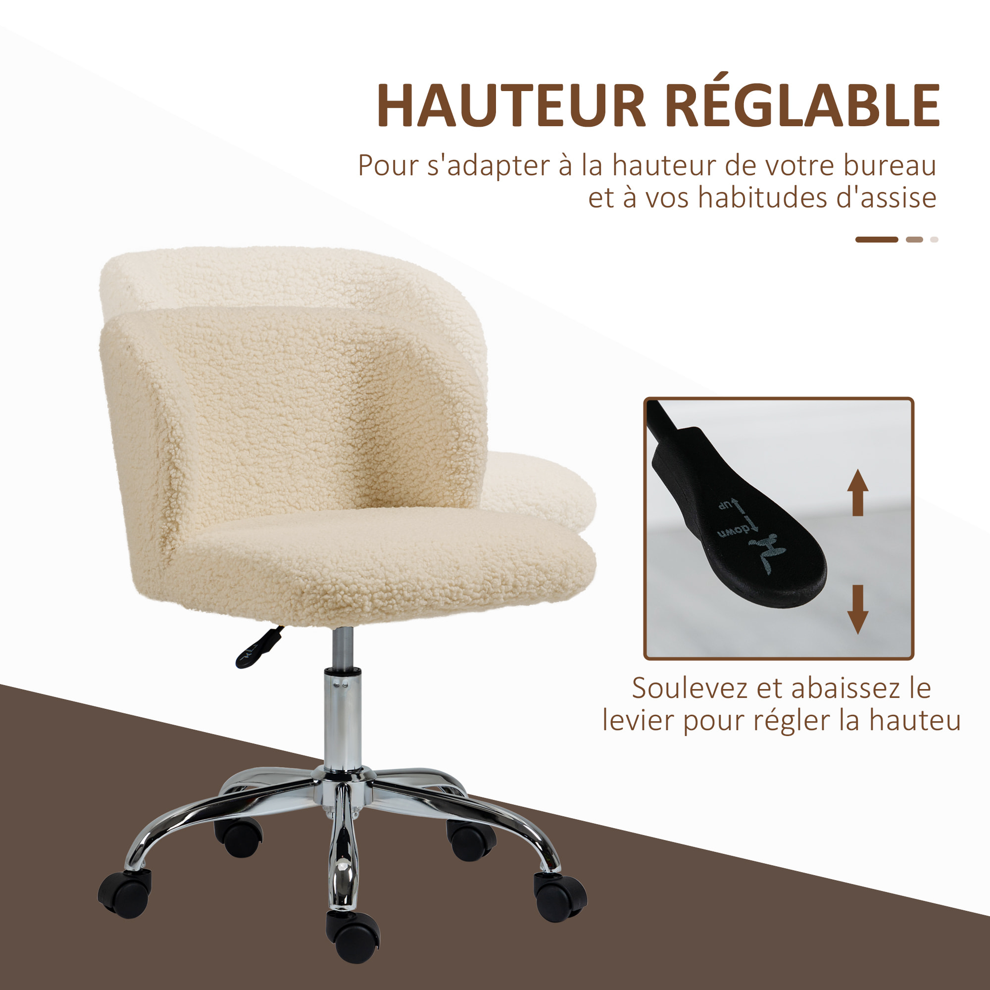 Chaise de bureau design - hauteur réglable, pivotante - piètement acier chromé revêtement effet laine bouclée terre de sienne