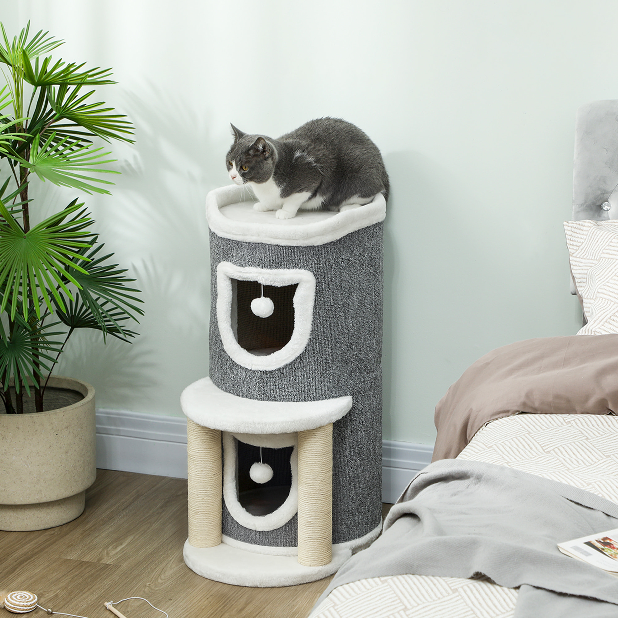 Árbol Rascador para Gatos, Árbol para Gatos 76 cm, Torre Escalador con Cama, 2 Cuevas, Postes de Sisal, Alfombra de Rascado, Bolas para Jugar, Gris