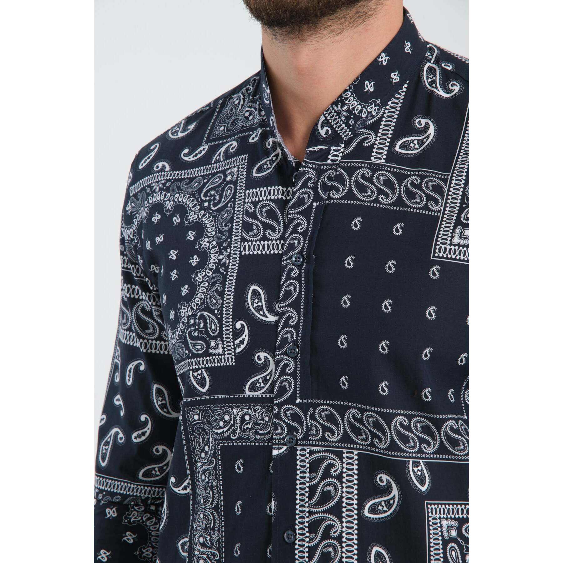 Camicia Uomo Coreano Popeline Fantasia Nero/Bianco