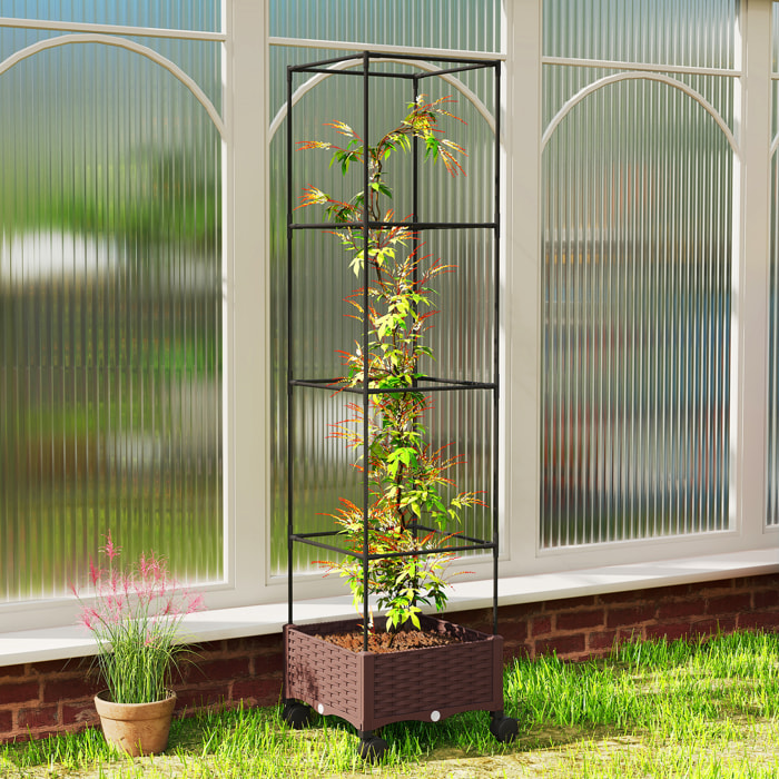 Jardinera con Enrejado Ajustable, Jardinera Exterior con Ruedas Bloqueables para Plantas Trepadoras con Ofricios de Drenaje, Macetero Elevado para Jardín, Patio, Terraza, 40x40x165 cm, Marrón