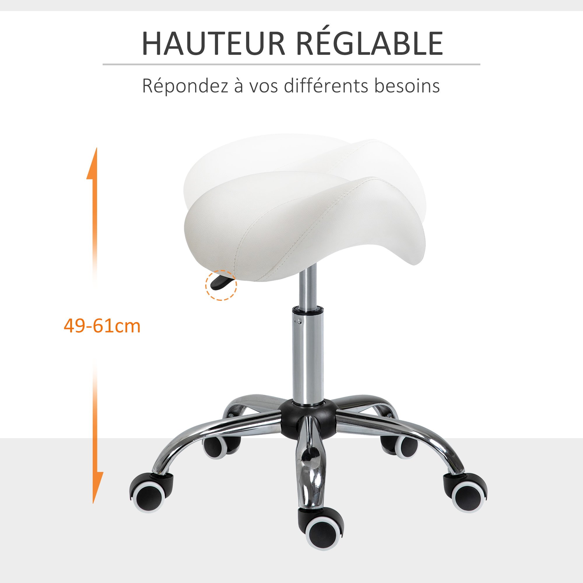 HOMCOM Tabouret de massage tabouret selle ergonomique pivotant 360° hauteur réglable revêtement synthétique blanc chromé