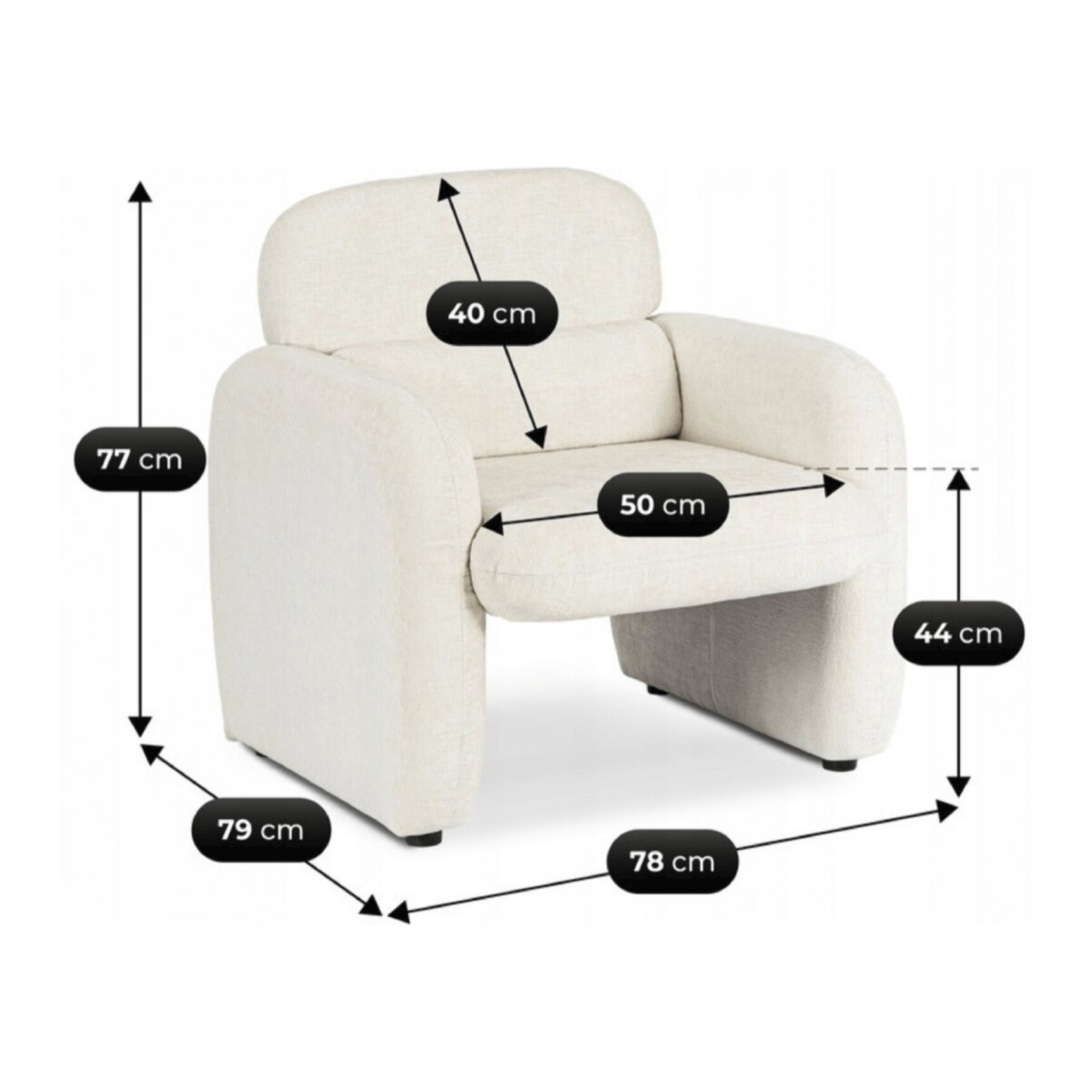 Fauteuil lounge en tissu chiné "Cozmo" - 78 x 79 x 77 cm - Crème