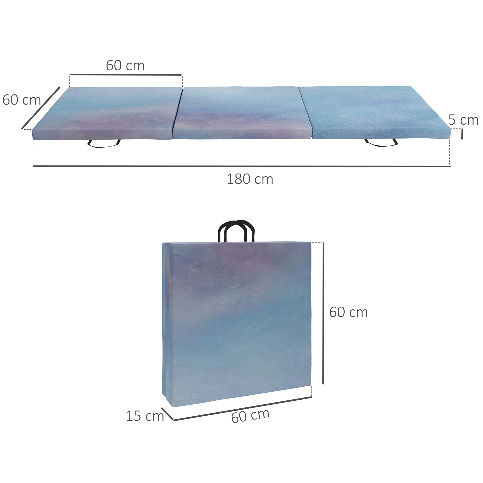 Colchoneta Gimnasia Plegable de Grosor 5 cm, Tapete de Ejercicio, 180x60x5 cm, con Asas de Transporte, Esterilla de Gimnasia para Yoga, Aeróbic, Artes Marciales, Azul Degradado