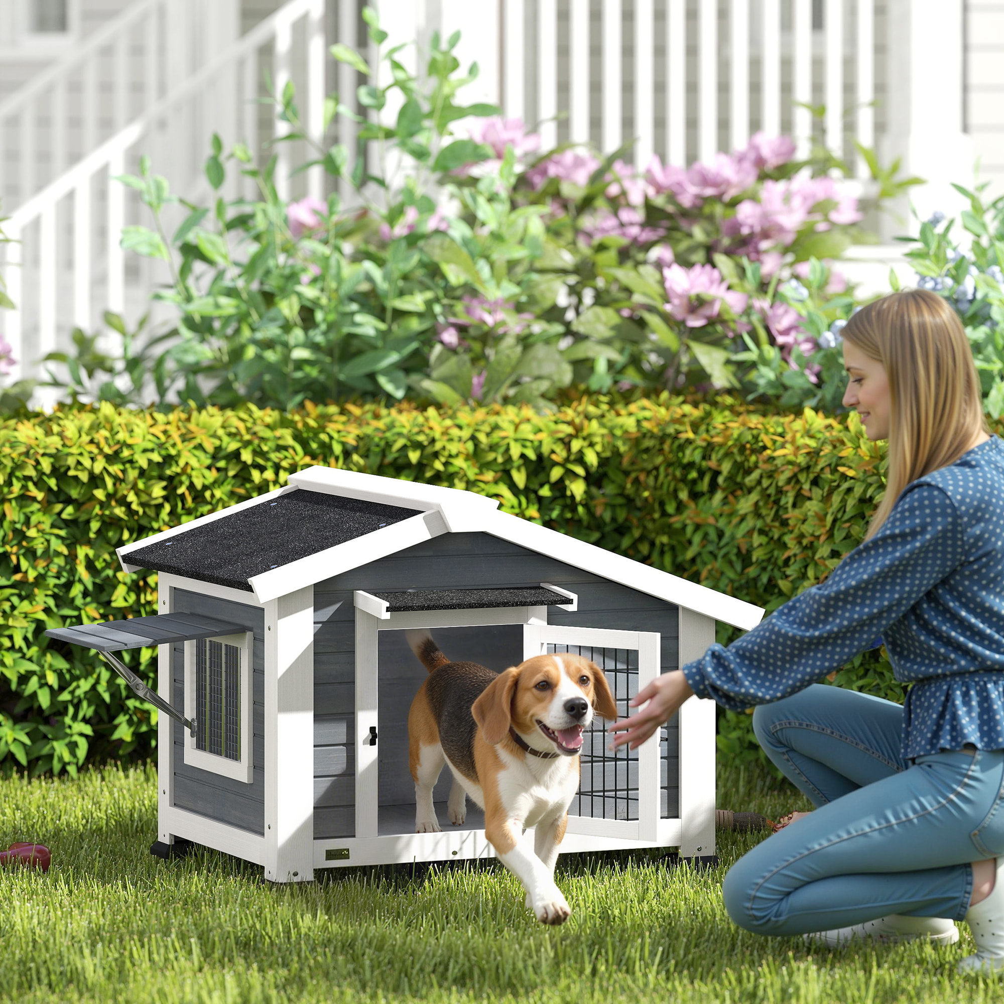 Caseta para Perros Exterior de Madera, Casa para Perros Medianos con Techo Asfático, Suelo Extraíble, Ventana Abatible y Puerta Ventilada, Base Elevada, 98x76x69,5 cm, Gris