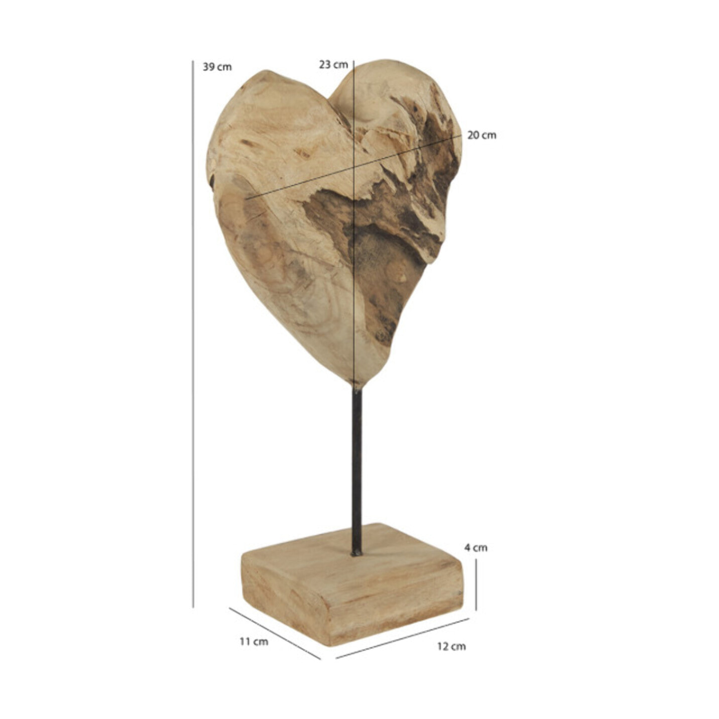 Sculpture Artisanale Cœur en Bois de Teck Massif H. 39 cm - BAKOU