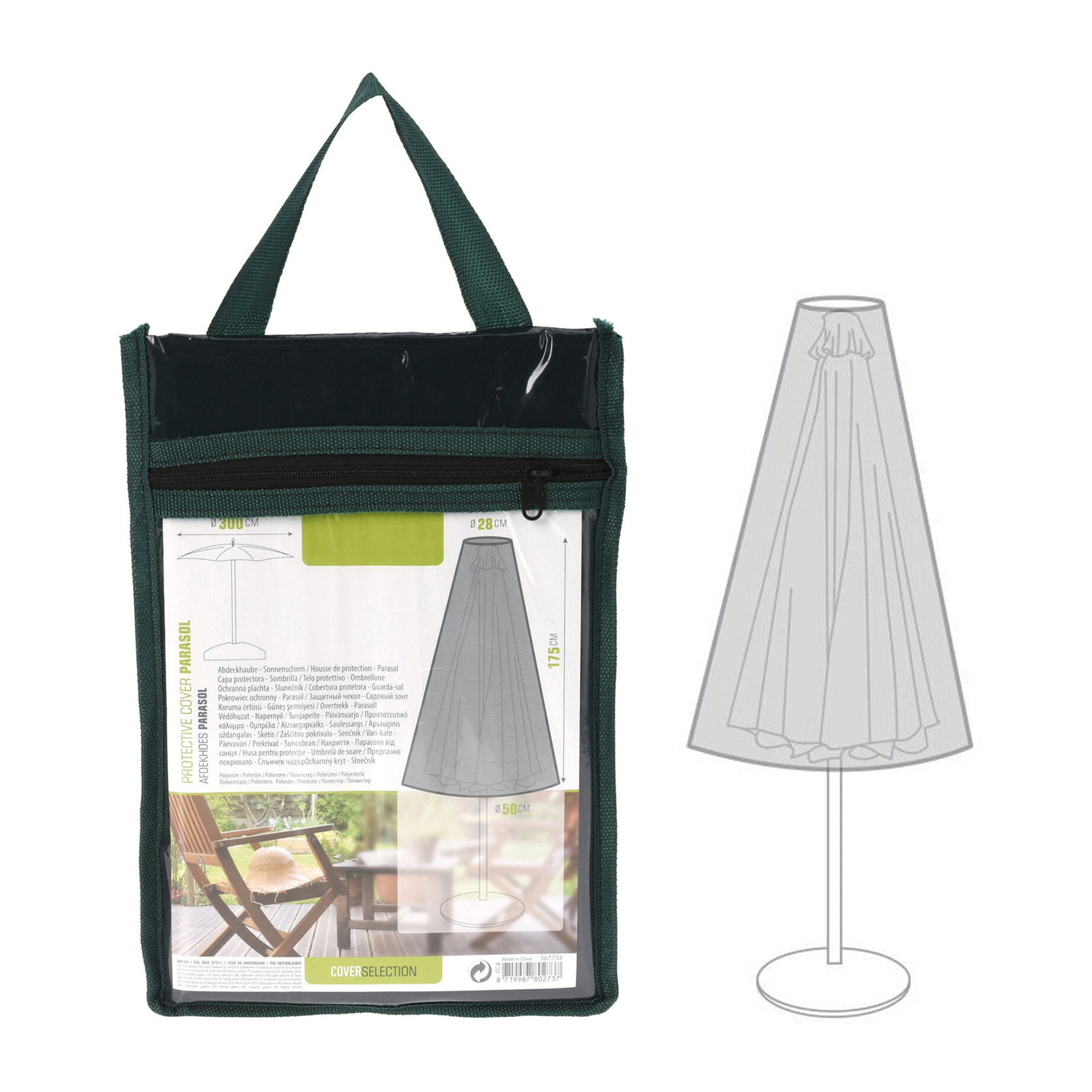 Fundas para paraguas 175x28x50cm en PEVA verde oscuro con ribete negro y bolsa de transporte