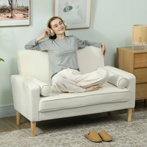 Sofá de 2 Plazas Tapizado en Terciopelo Sofá de Salón de 130 cm con Asiento Capitoné 2 Almohadas y Patas de Madera para Espacios Pequeños Dormitorio Sala de Estar Oficina Crema