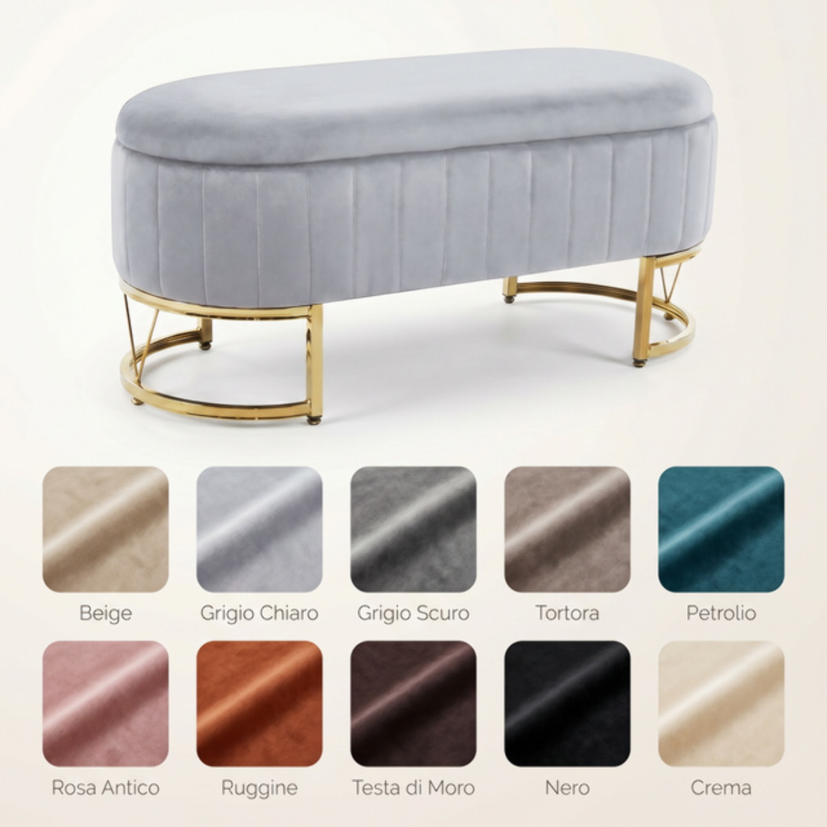 Panca Contenitore Ovale in Effetto Velluto con Ampio Vano Contenitore, Seduta Imbottita e Gambe in Acciaio, Design Elegante per Camera da Letto, Ingresso e Soggiorno